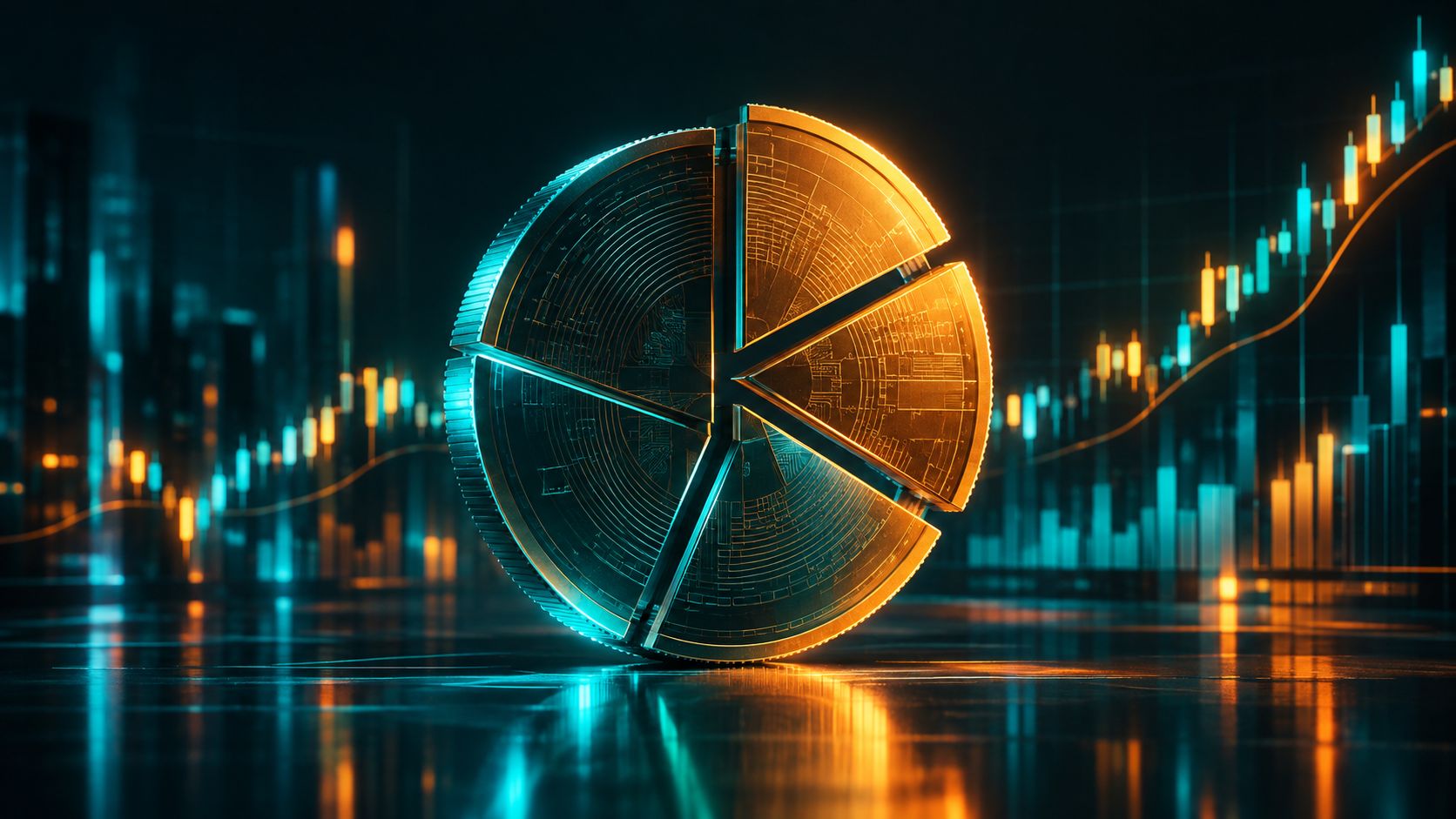 Large coin sliced into precise segments with a chart in the background