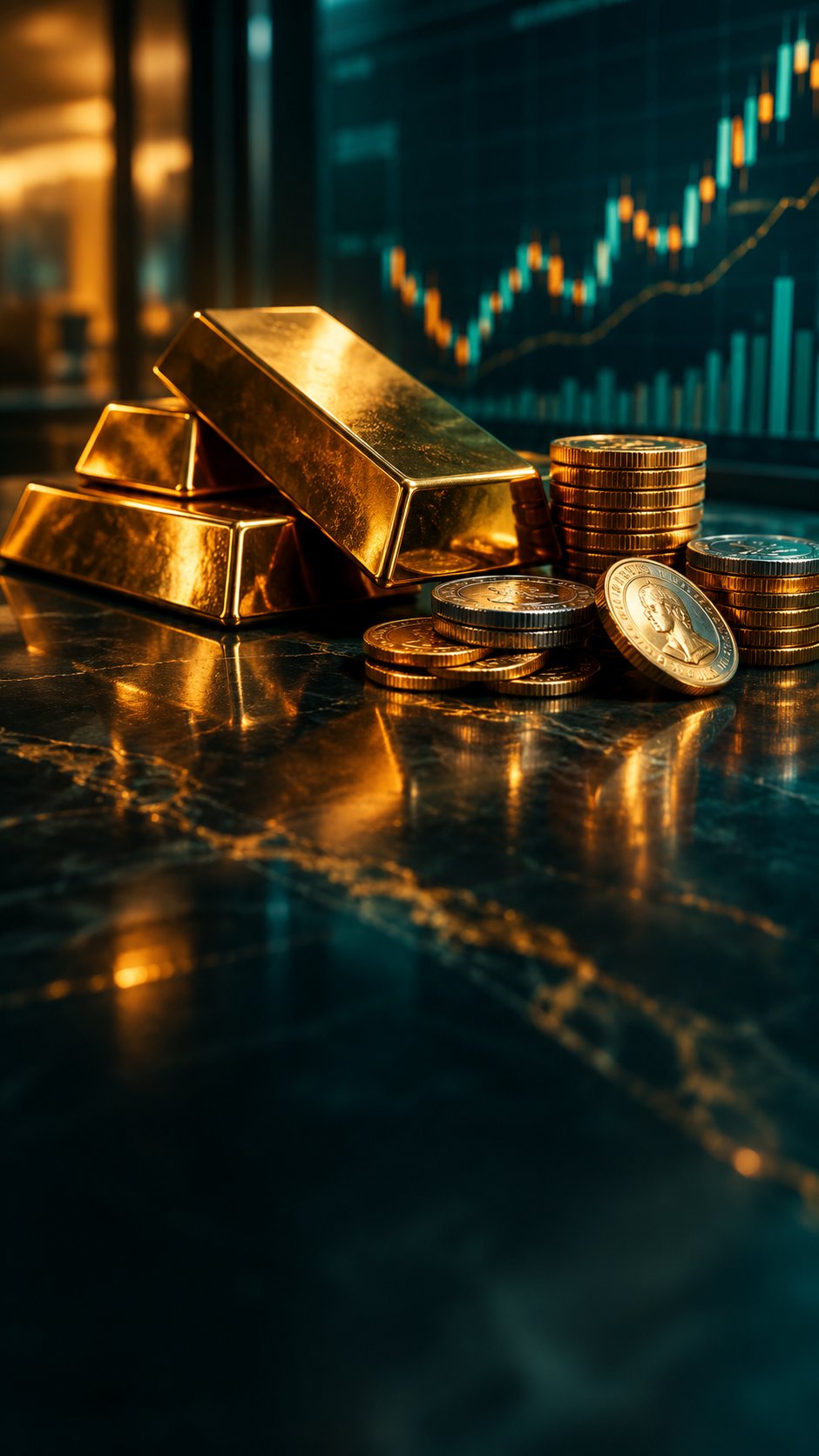 Gold bars next to currency coins with a price chart backdrop